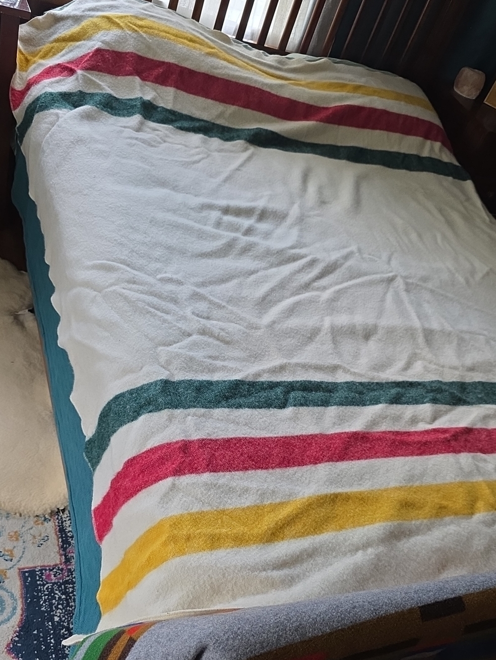 Woolrich White Throw Blanket with Red, Green & Yellow Stripes